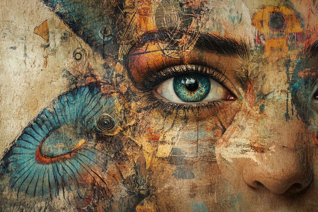 Wadi Home abstract human eye canvas print with blue and ochre tones displayed above a modern grey sofa in a living room