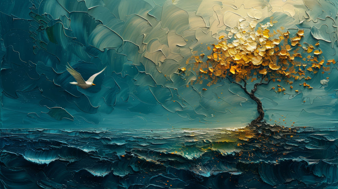 Wadi Home textured landscape wall art featuring a moody teal seascape and a golden tree in a modern living room.