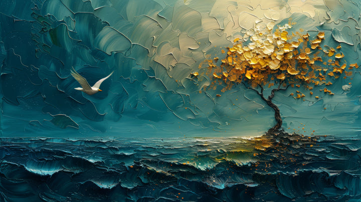 Wadi Home textured landscape wall art featuring a moody teal seascape and a golden tree in a modern living room.
