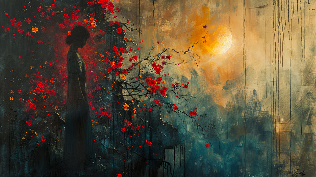 Wadi Home abstract silhouette wall art print featuring a woman, crimson flowers, and a sun orb in a modern living room.