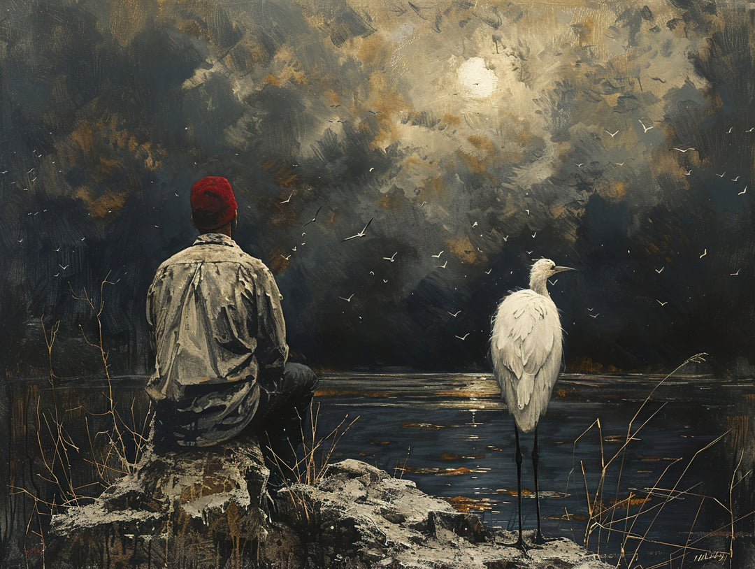 Wadi Home atmospheric landscape wall art print featuring a figure and heron by a moonlit lake in a modern living room.