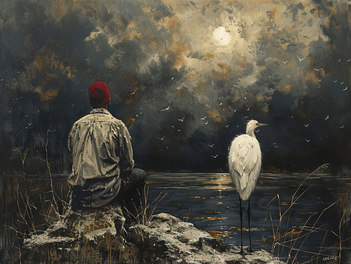 Wadi Home atmospheric landscape wall art print featuring a figure and heron by a moonlit lake in a modern living room.