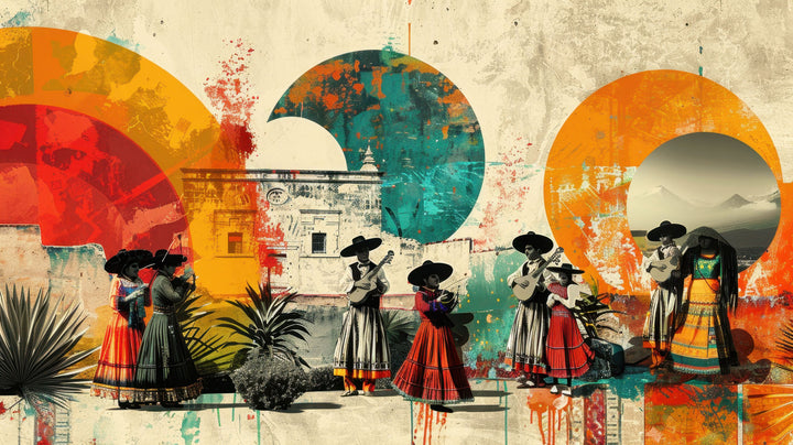 Wadi Home abstract cultural heritage wall art print featuring figures and geometric circles in orange and teal tones.