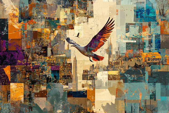 Wadi Home abstract bird wall art print featuring geometric shapes in blue, orange, and brown above a modern sofa.
