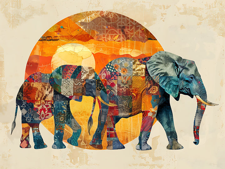Wadi Home decorative elephant wall art canvas print featuring a vibrant patchwork design in warm orange and yellow tones.