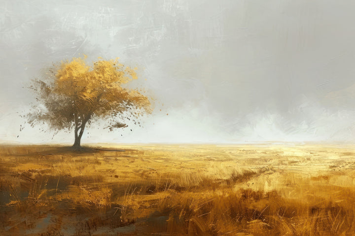 Wadi Home landscape wall art featuring a golden tree in a field, displayed above a grey sofa in a modern living room.