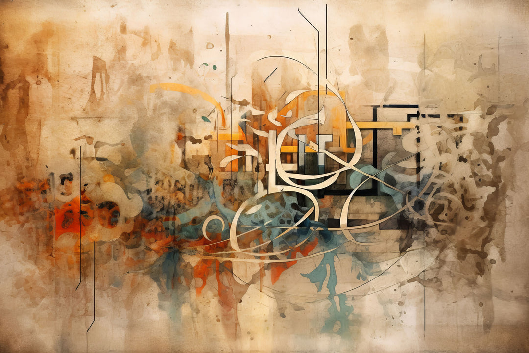 Wadi Home abstract expressionist wall art print featuring burnt orange, ochre, and teal tones hanging above a grey sofa.