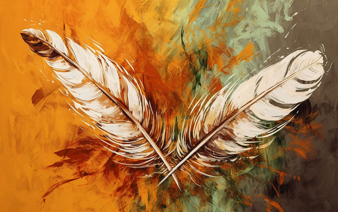Wadi Home abstract feather canvas print with ochre and orange tones hanging above a modern grey sofa in a living room