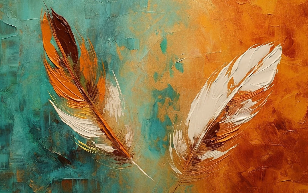 Wadi Home abstract feather canvas painting with teal and orange textured brushwork hanging above a modern grey sofa.