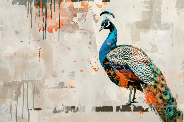 Wadi Home abstract peacock wall art print with vibrant blue and orange feathers above a modern grey living room sofa