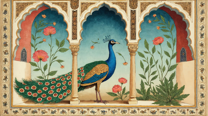 Wadi Home traditional Indian peacock wall art print featuring a majestic bird in an ornate Mughal-style archway.