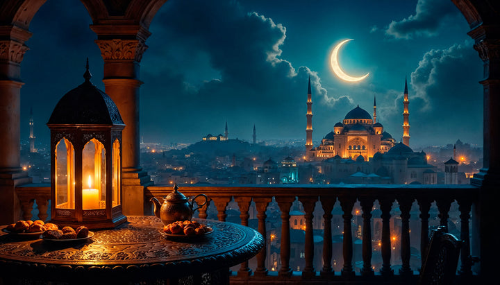 Wadi Home nighttime cityscape wall art print featuring a glowing lantern on a balcony overlooking a moonlit city.