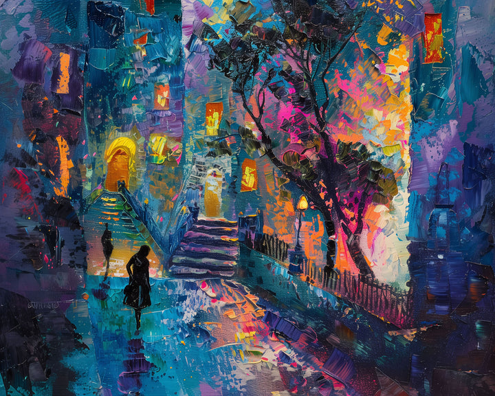 Wadi Home abstract cityscape canvas print with vibrant blue and purple impasto brushstrokes above a grey sofa.