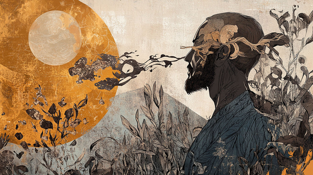 Wadi Home abstract surrealist wall art print featuring a contemplative figure in an ethereal landscape with gold accents