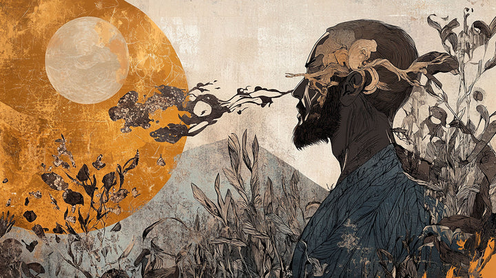 Wadi Home abstract surrealist wall art print featuring a contemplative figure in an ethereal landscape with gold accents