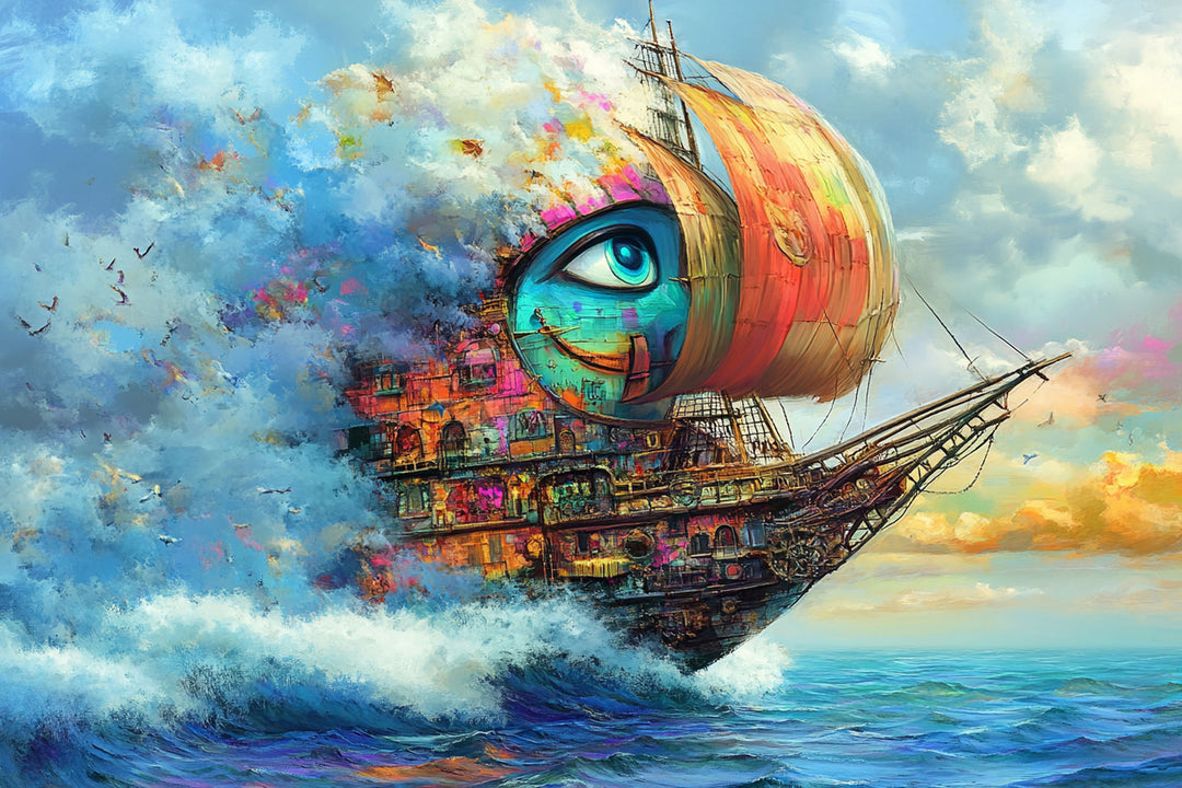 Wadi Home surreal sailing ship canvas wall art featuring a vibrant eye design hanging above a modern grey sofa.