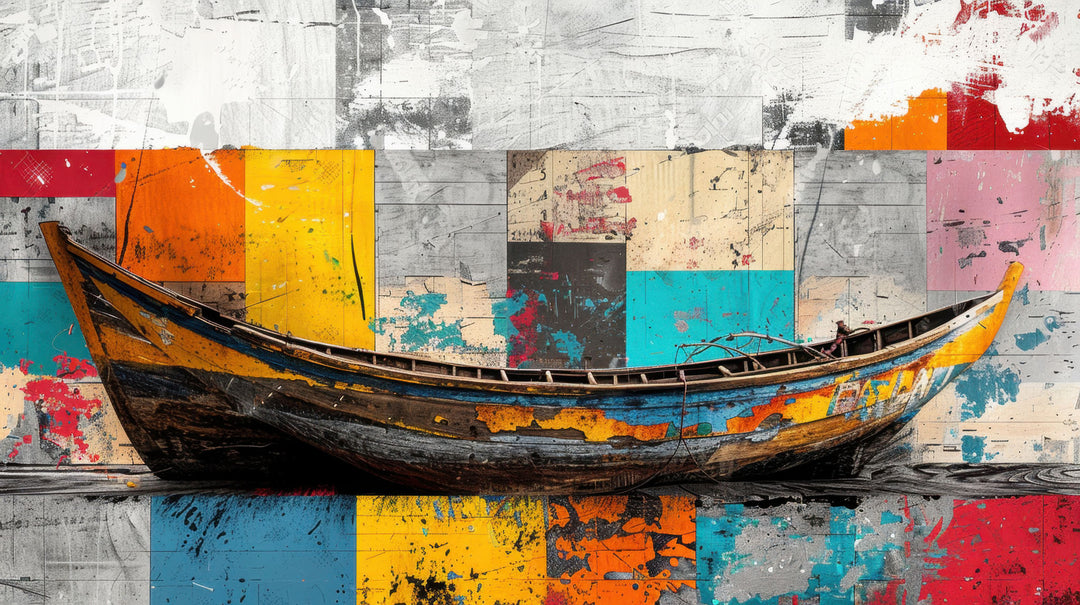Wadi Home abstract boat canvas print with vibrant geometric background hanging above a modern grey sofa.