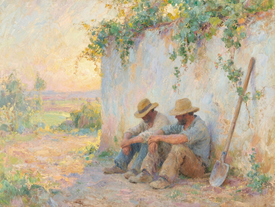 Wadi Home impressionist wall art print of resting farm workers in a sunlit pastoral setting above a modern gray sofa.