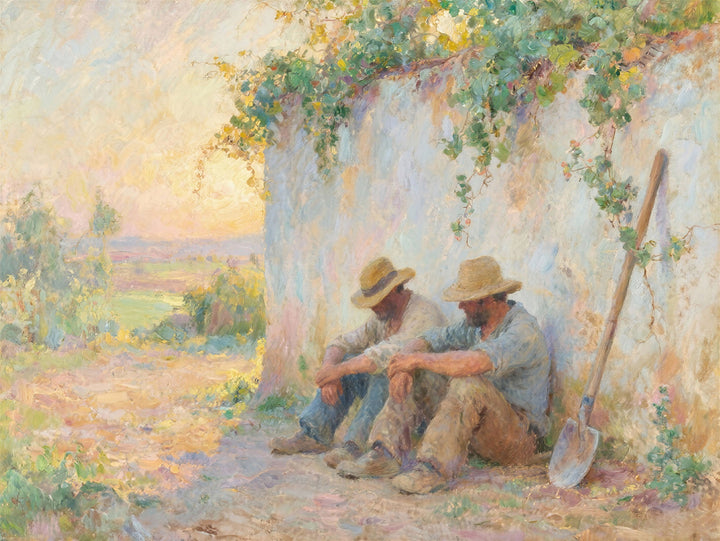 Wadi Home impressionist wall art print of resting farm workers in a sunlit pastoral setting above a modern gray sofa.