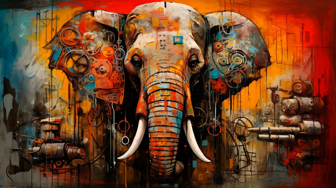 Wadi Home abstract elephant canvas print with mechanical details in orange, red, and teal hanging above a grey sofa.