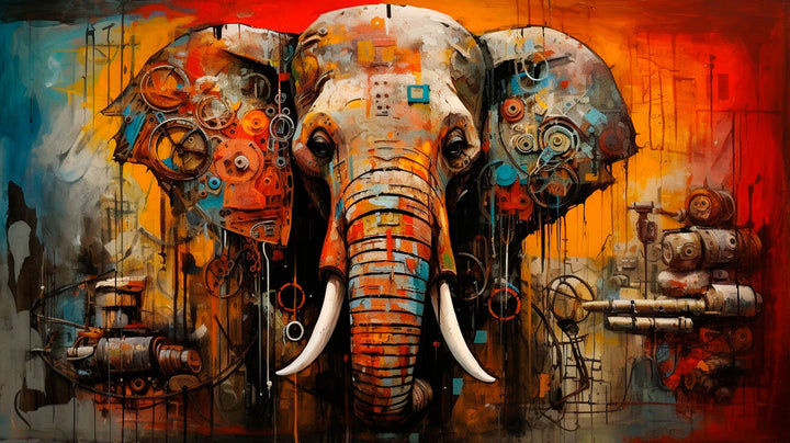 Wadi Home abstract elephant canvas print with mechanical details in orange, red, and teal hanging above a grey sofa.