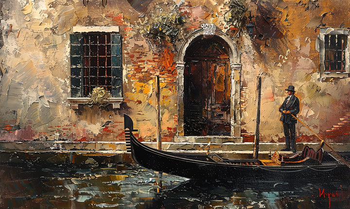 Wadi Home Venetian gondola oil painting with textured brushstrokes in warm ochre and terracotta on a living room wall.