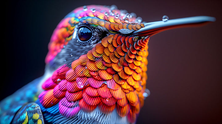 Wadi Home hummingbird portrait framed wall art with vibrant orange, pink, and blue feathers hanging above a grey sofa.