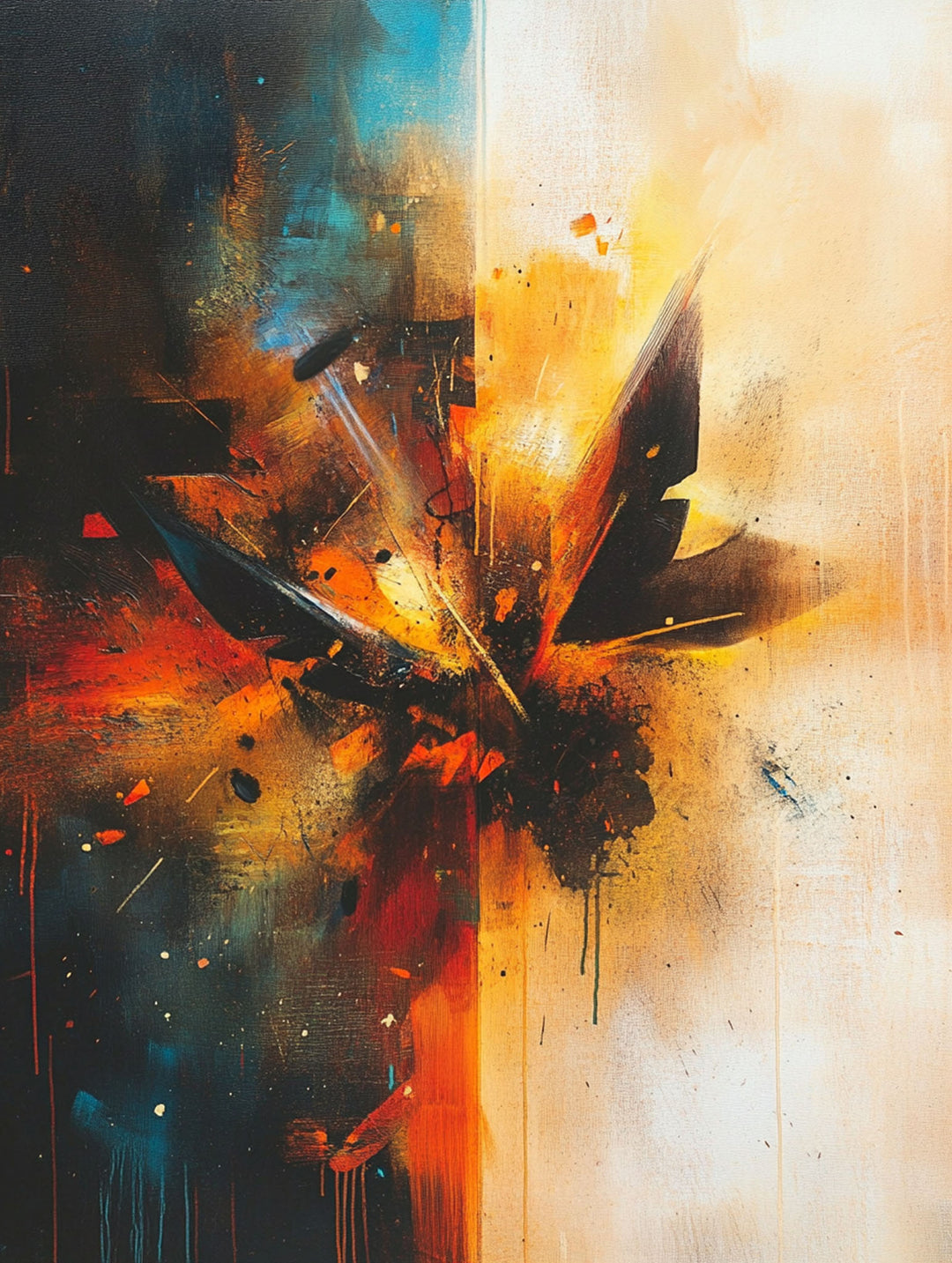 Wadi Home abstract expressionist wall art with blue and orange brushwork hanging above a modern grey sofa.