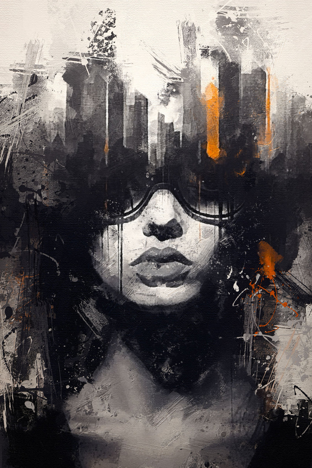 Wadi Home abstract portrait canvas print with textured brushstrokes and burnt orange accents hanging above a sofa.