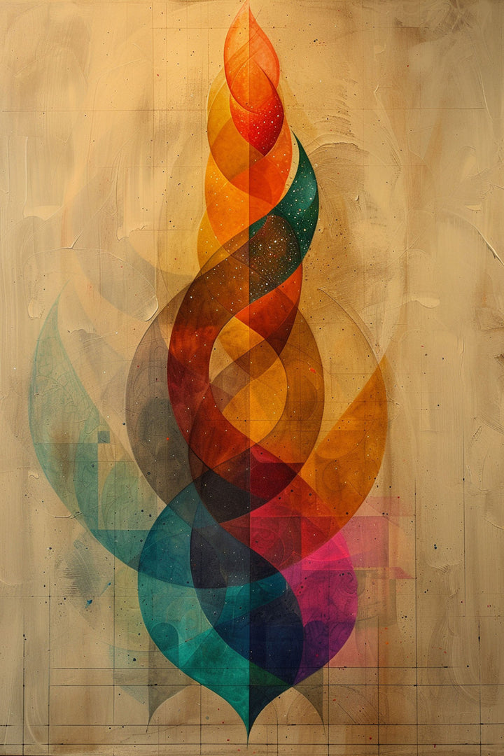 Wadi Home abstract geometric framed wall art with vibrant spiraling colors hanging above a modern grey sofa.