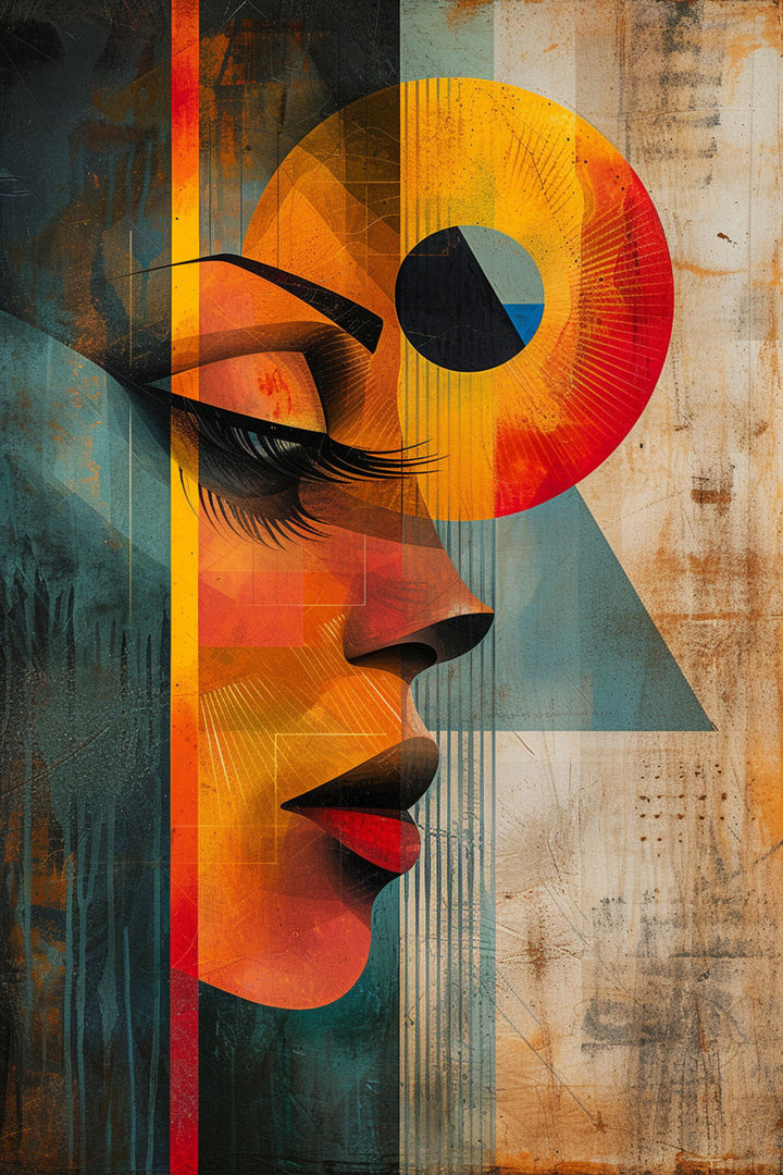 Wadi Home abstract portrait wall art featuring geometric shapes and vibrant teal and orange tones in a modern living room