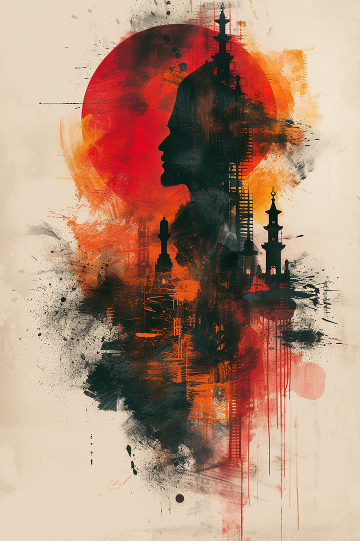 Wadi Home abstract silhouette framed wall art featuring a crimson sun and dark architectural details on a neutral background