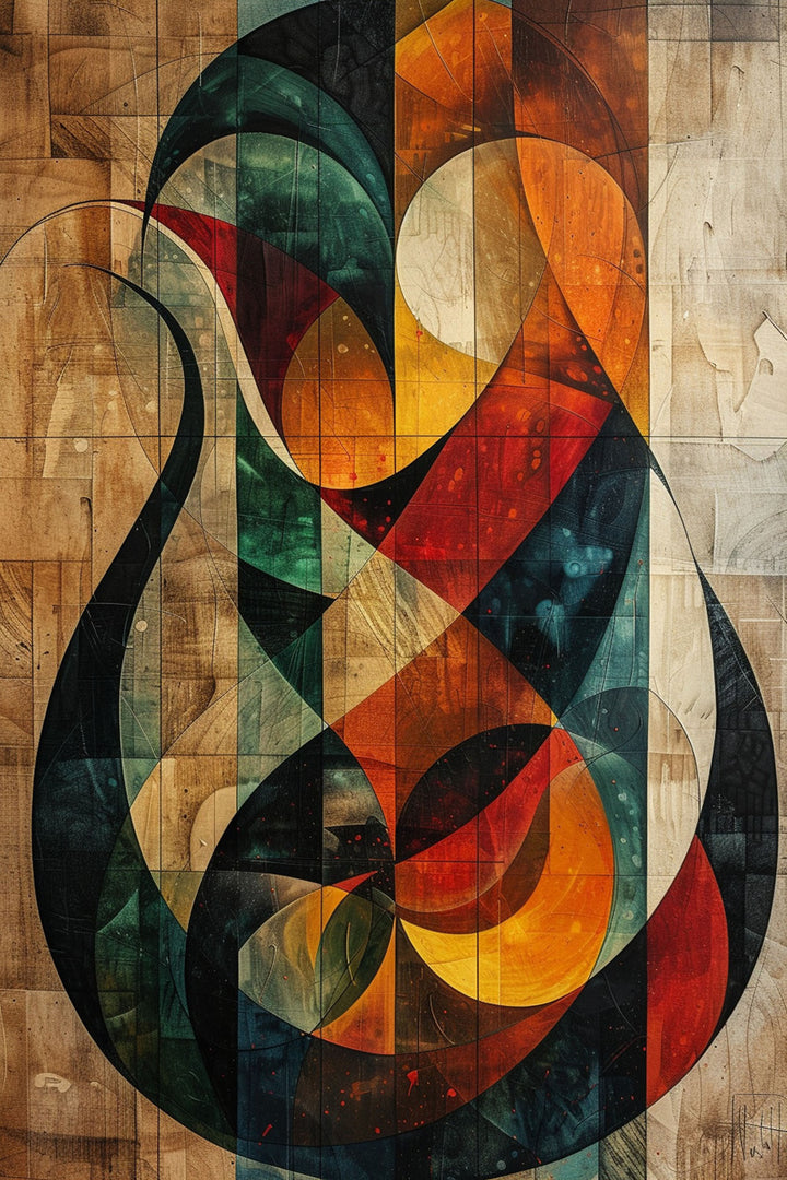 Wadi Home abstract geometric wood panel wall art with red, orange, and teal tones hanging above a modern sofa.