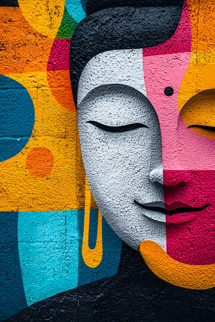 Wadi Home abstract Buddha face wall art print with vibrant orange, magenta, and teal geometric shapes above a sofa.