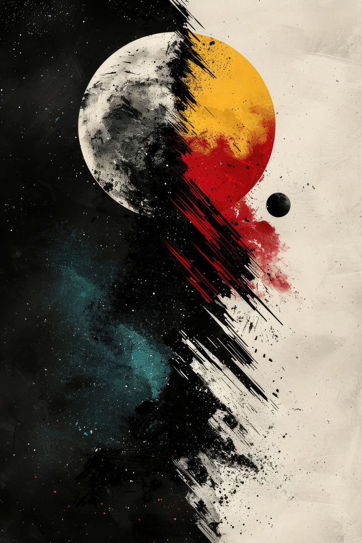 Wadi Home abstract celestial wall art print featuring a cosmic eclipse with black, red, and gold tones above a sofa.