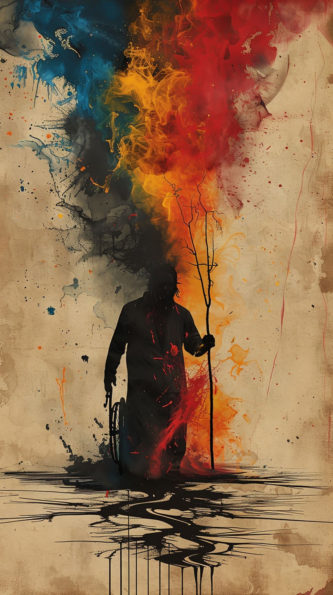 Wadi Home abstract silhouette wall art print featuring vibrant watercolor splashes in blue, red, and orange tones.