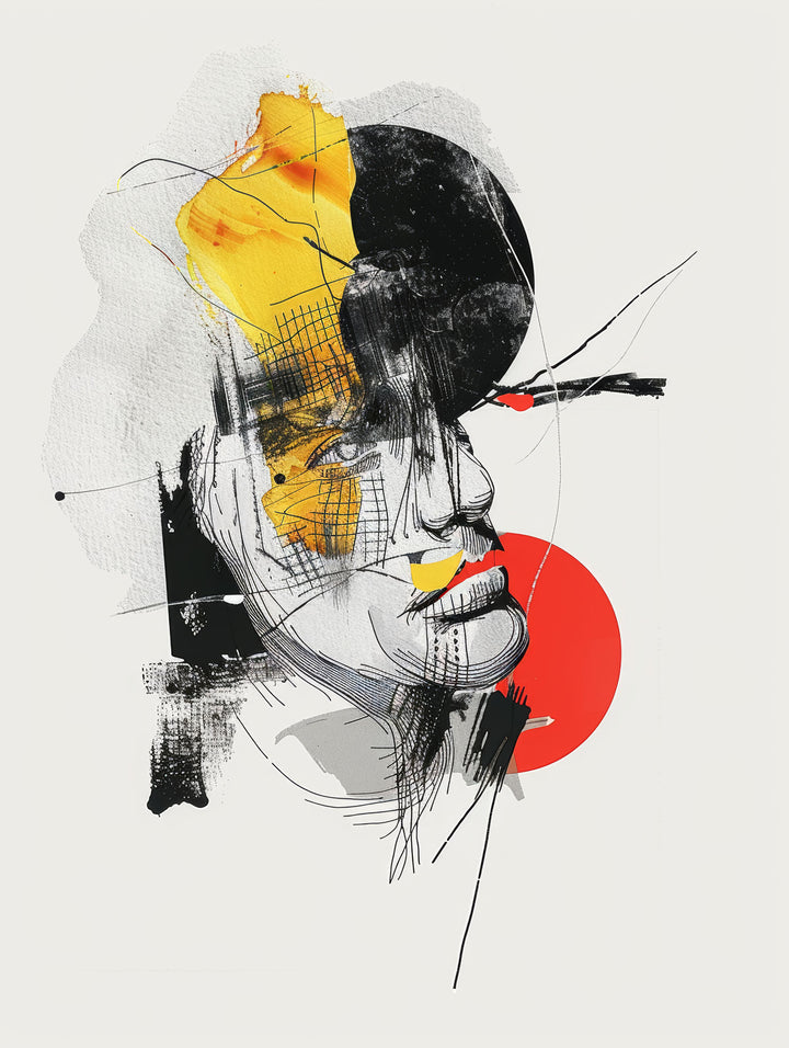 Wadi Home abstract portrait wall art print with charcoal lines and yellow and red accents above a modern grey sofa.