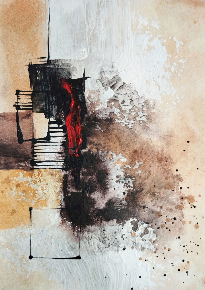 Wadi Home abstract expressionist canvas print with earth tones, black, and crimson accents hanging above a sofa.