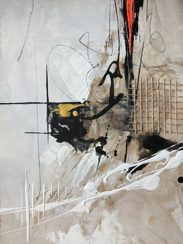 Wadi Home abstract expressionist framed wall art with neutral tones, black, gold, and red accents above a modern sofa.