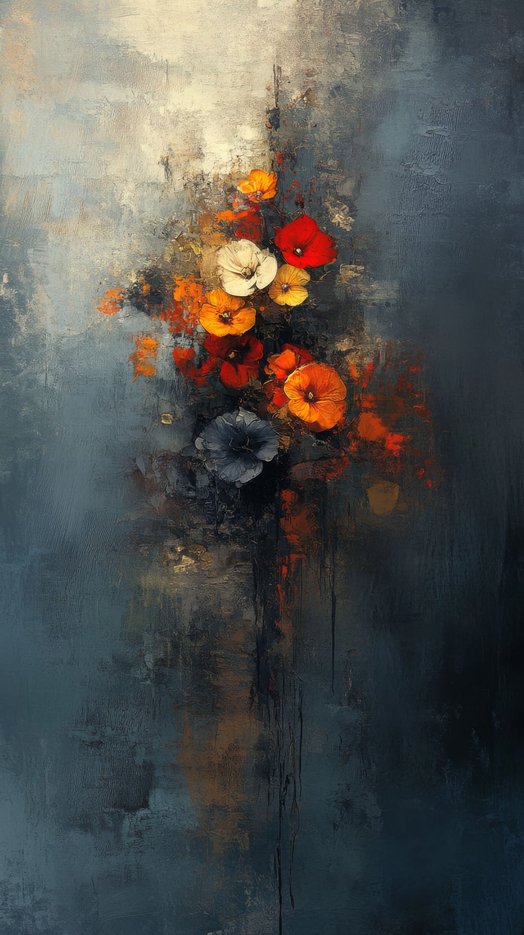 Wadi Home abstract floral bouquet framed wall art with vibrant orange and red flowers on a moody dark blue background.
