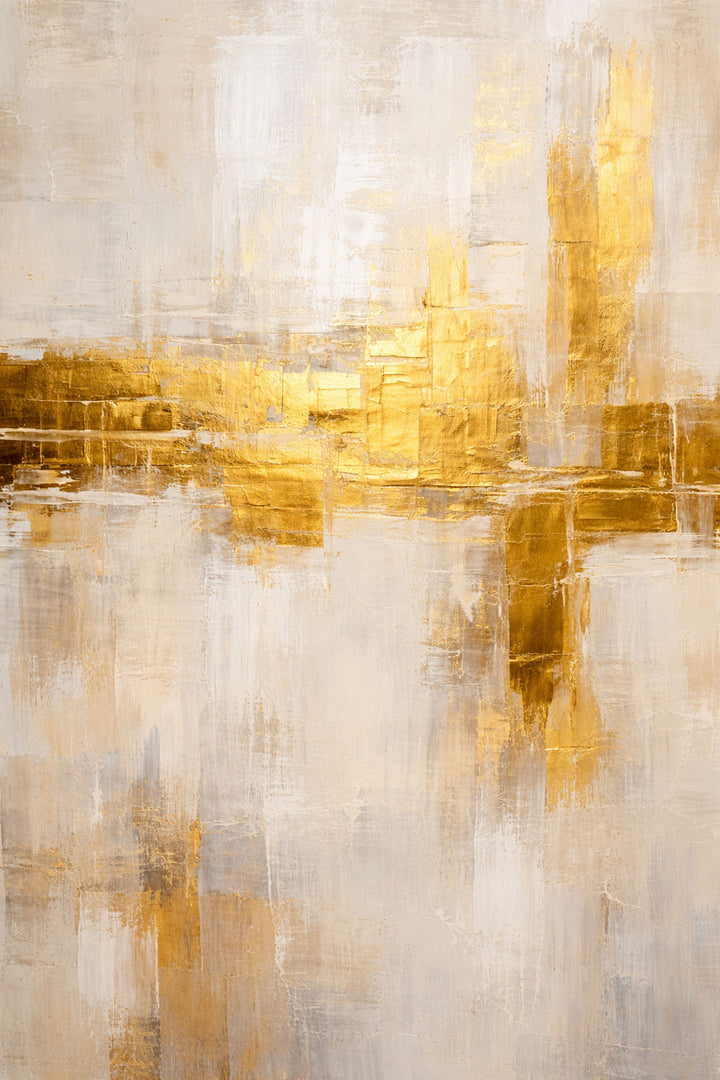 Wadi Home abstract textured canvas wall art with neutral tones and shimmering gold accents hanging above a modern sofa.