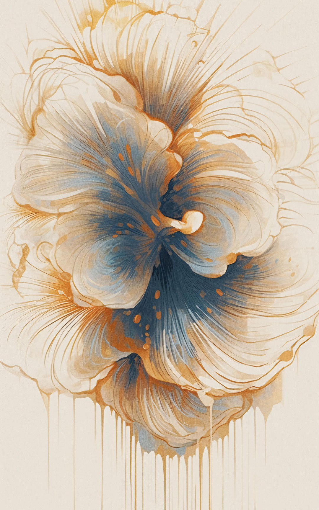 Wadi Home abstract floral wall art print with cream, blue, and amber tones hanging above a modern grey sofa.