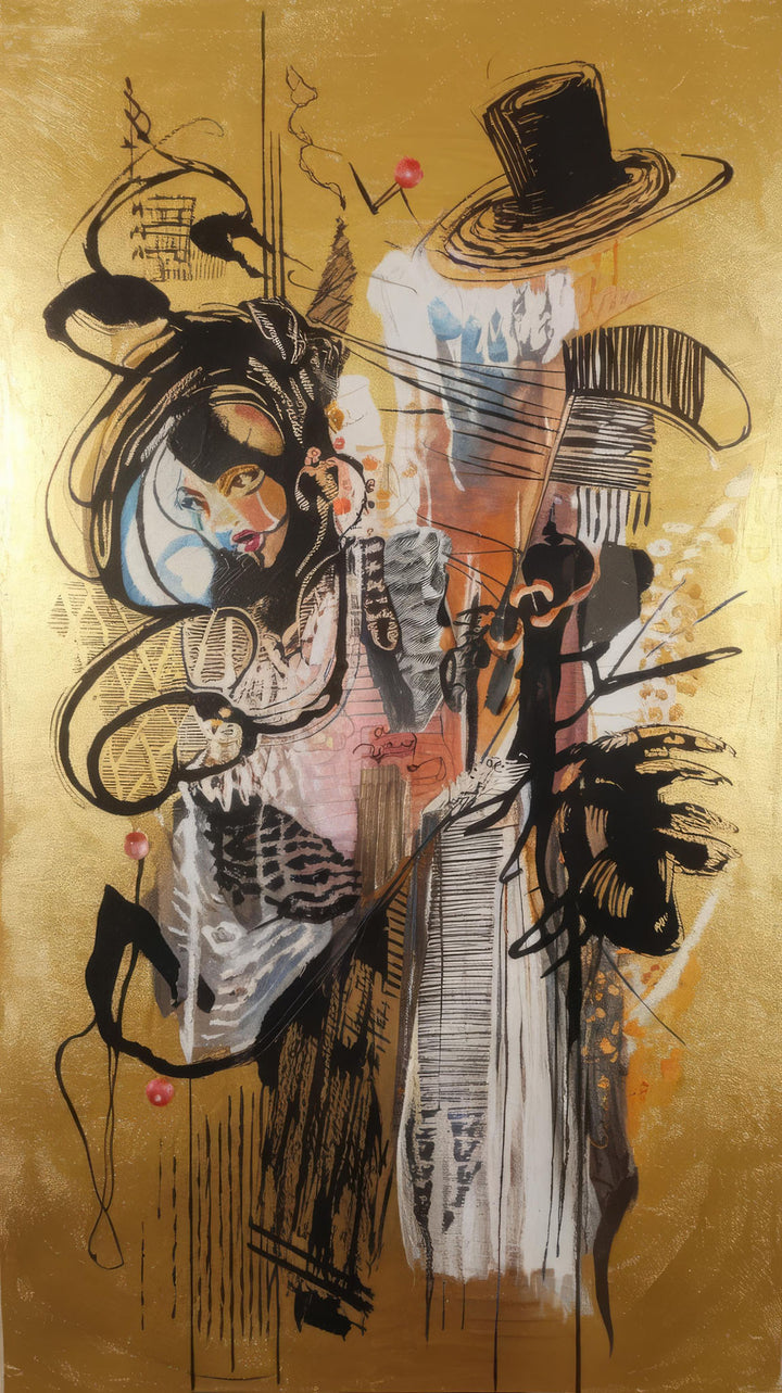 Wadi Home abstract expressionist framed wall art with black gestural lines on a metallic gold background above a sofa.