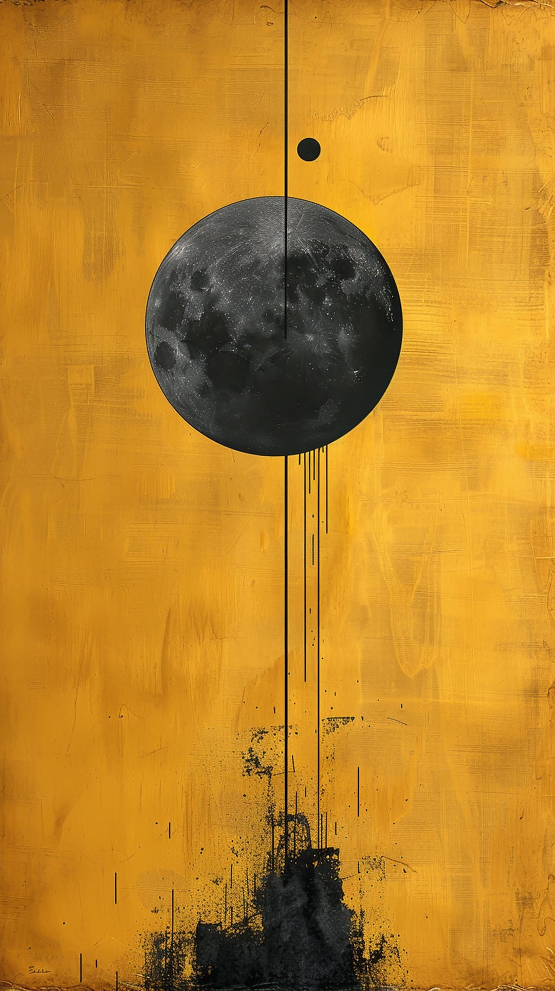 Wadi Home abstract celestial moon wall art print with a textured black lunar sphere on a vibrant golden-yellow background.