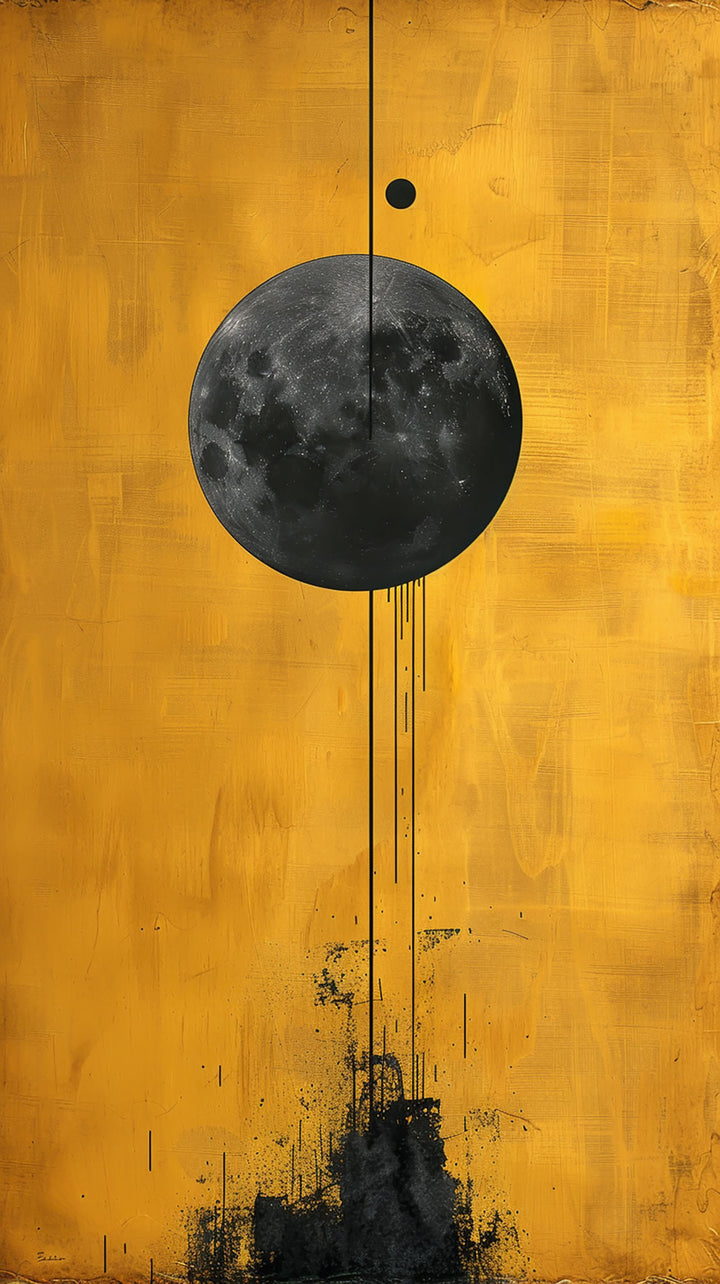 Wadi Home abstract celestial moon wall art print with a textured black lunar sphere on a vibrant golden-yellow background.