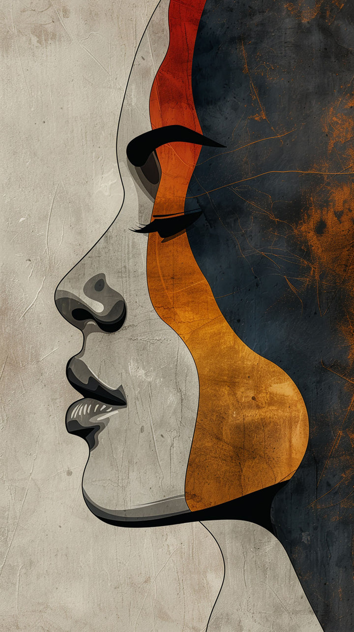 Wadi Home abstract female profile wall art print featuring terracotta, charcoal, and ochre tones above a modern sofa.