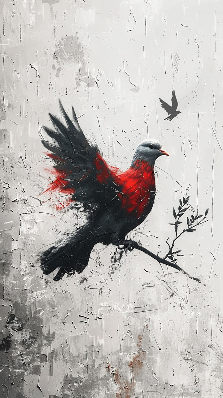 Wadi Home abstract bird canvas print with red and black brushstrokes on a textured white background above a sofa.