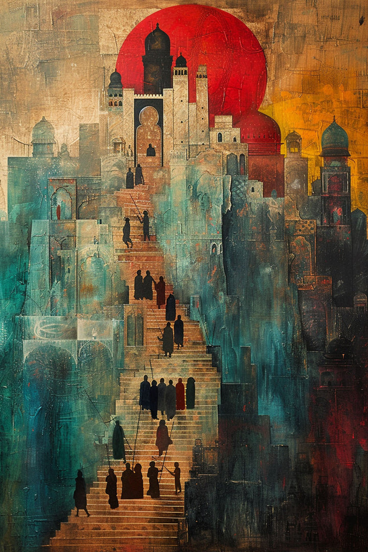 Wadi Home abstract architectural wall art print featuring a surreal cityscape with a crimson sun above a modern sofa.