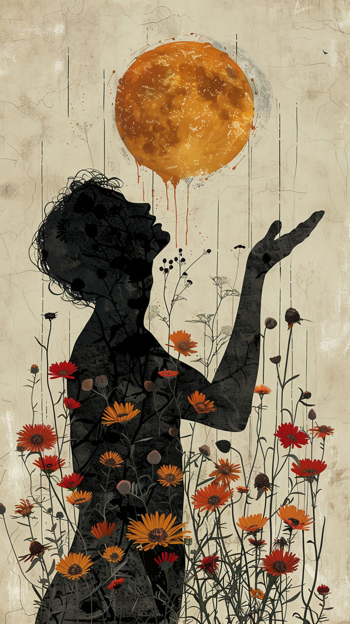Wadi Home surreal silhouette floral wall art print featuring a golden sun orb above a figure in a modern living room