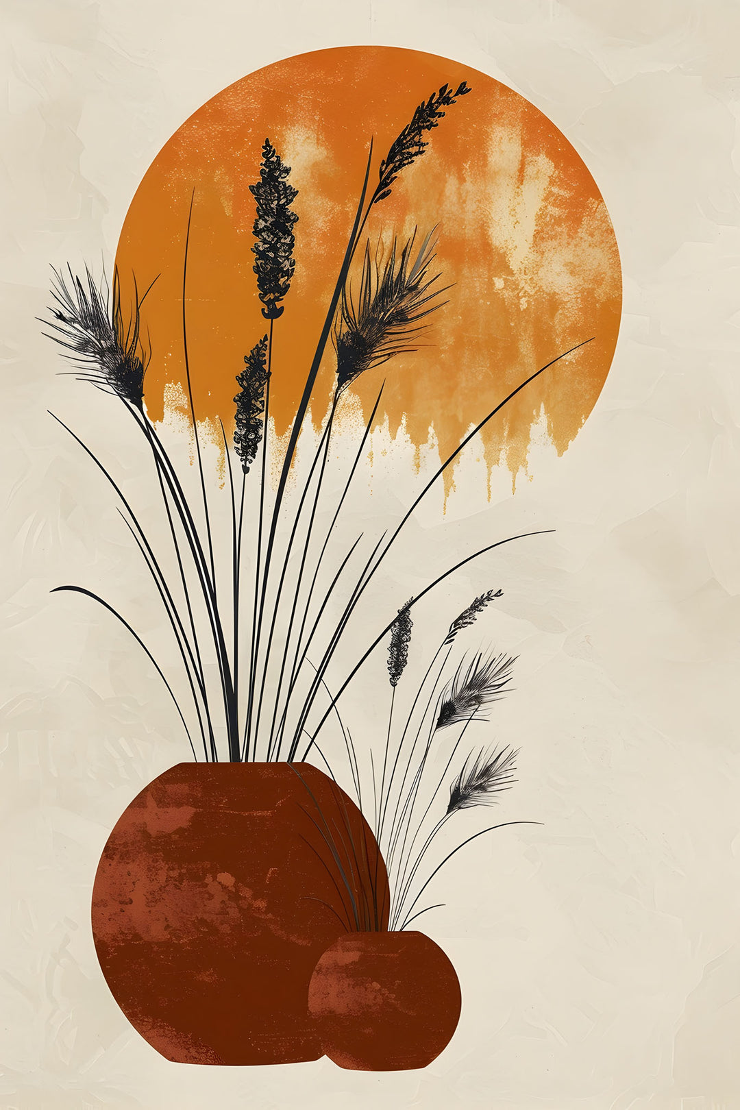 Wadi Home abstract botanical framed print featuring terracotta vessels and grasses on a neutral background
